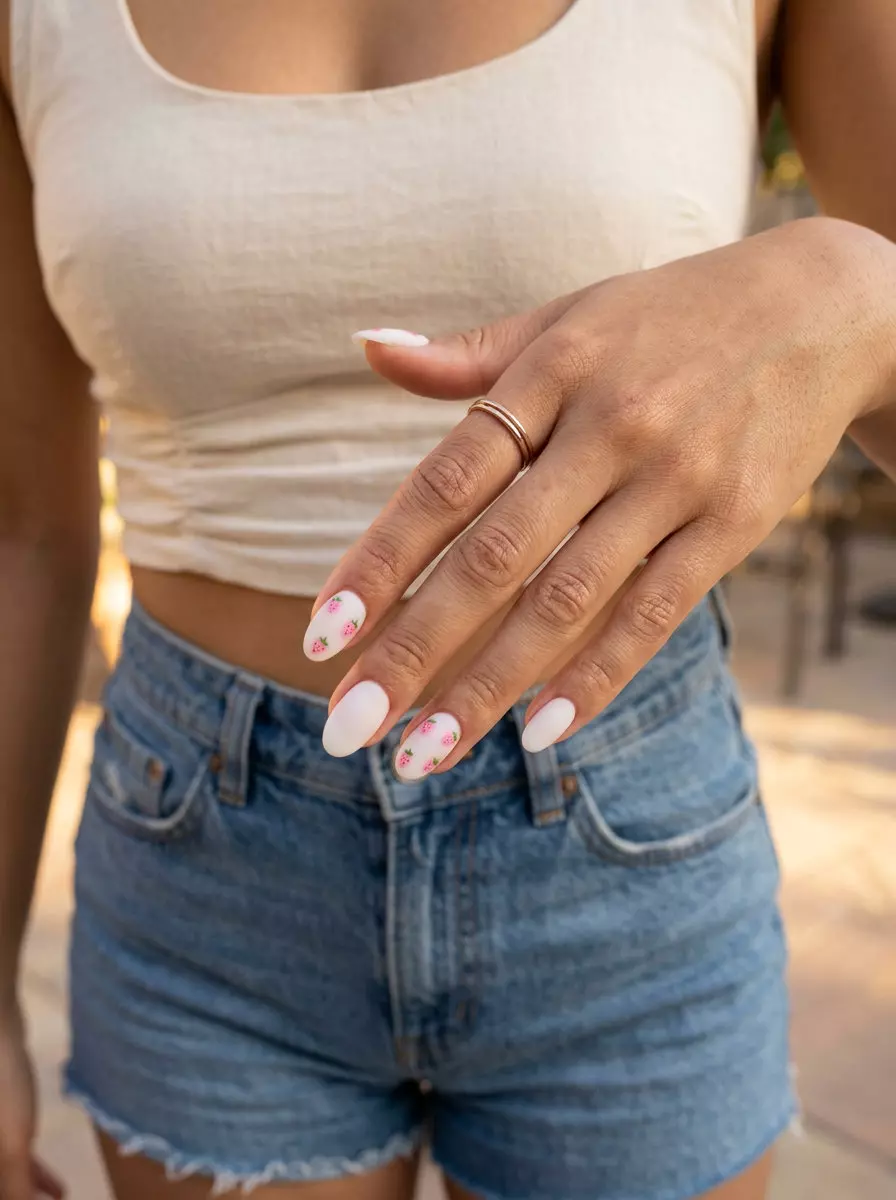 Strawberry Milk Bath Oval Matte nails: Delicate milky white with soft pink strawberries.
