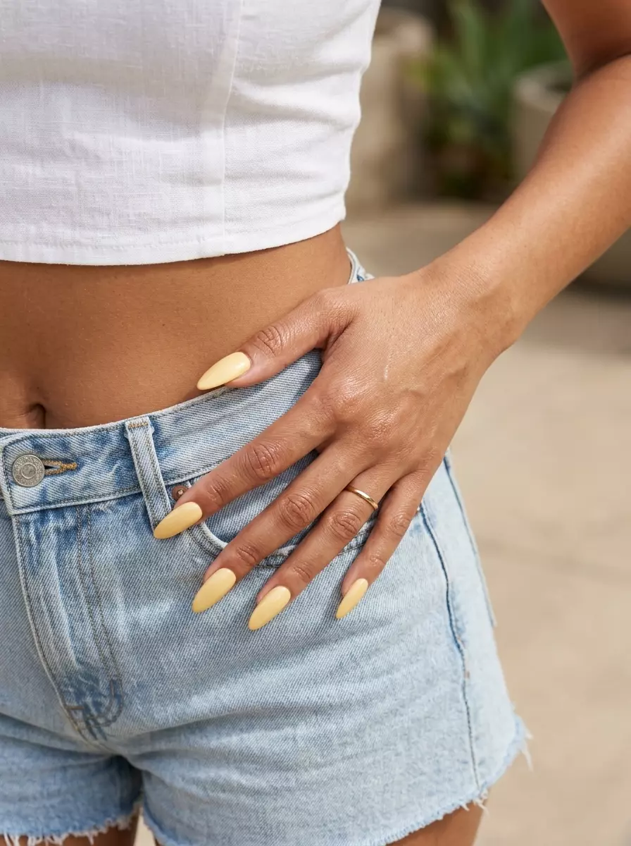Sunny Butter Yellow Glossy Almond Nails 2026: Vacation Vibes Sunny Butter Yellow Glossy Almond nails: playful, vibrant look with high-gloss finish for summer vacation 2026.