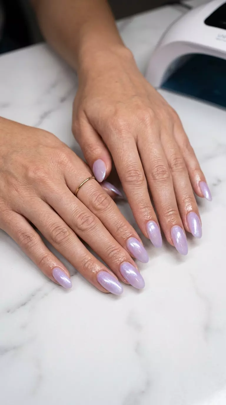 Dewy Lavender Shimmer Nails 2026 Dewy Lavender Shimmer Oval Acrylics: Romantic summer acrylic oval nails 2026 for date nights.