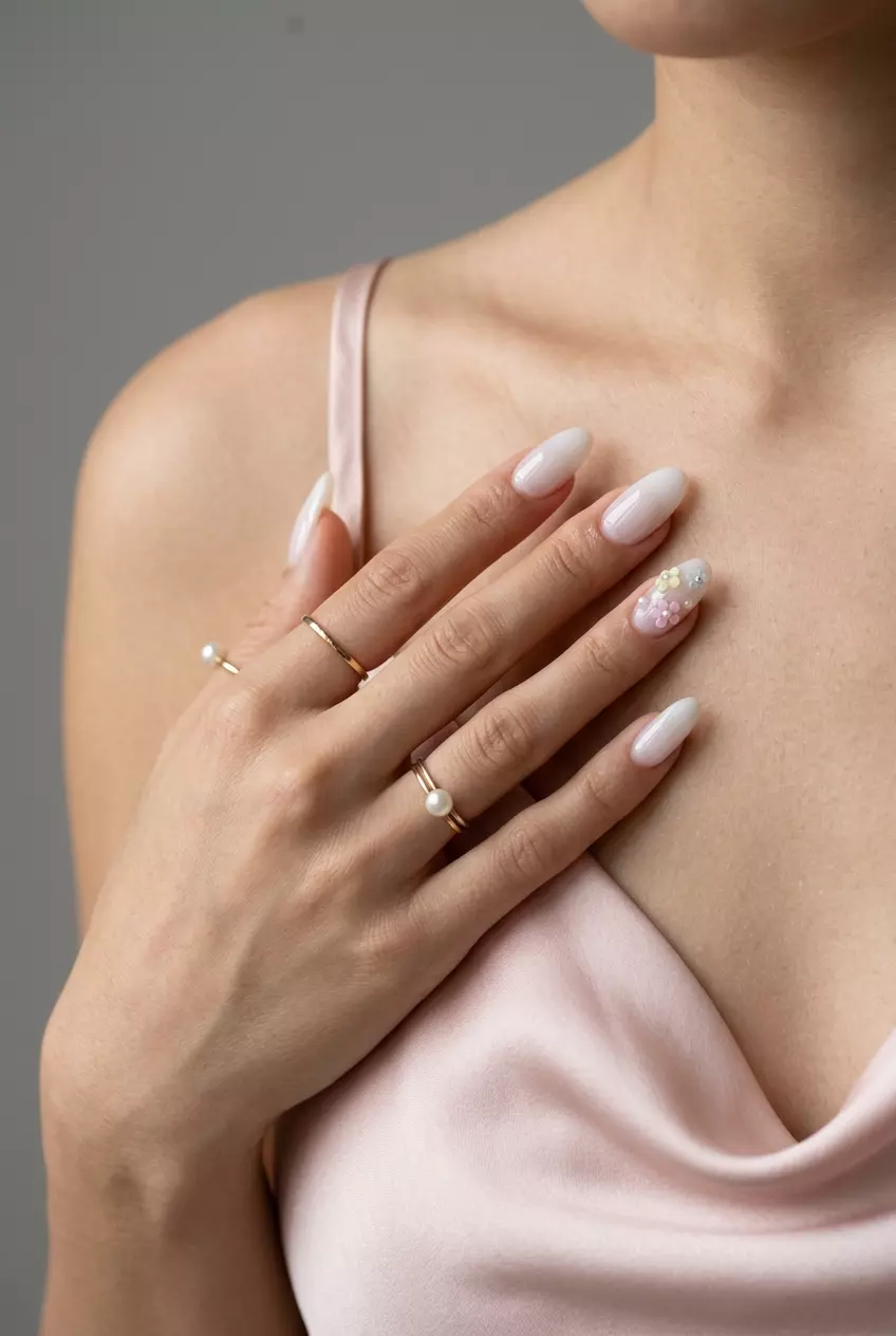 Enchanted Floral Oval Acrylic Nails 2026 Romantic Enchanted Floral oval acrylic nails with sheer white base and pastel charms for weddings and bridal events. Summer acrylic oval nails 2026.