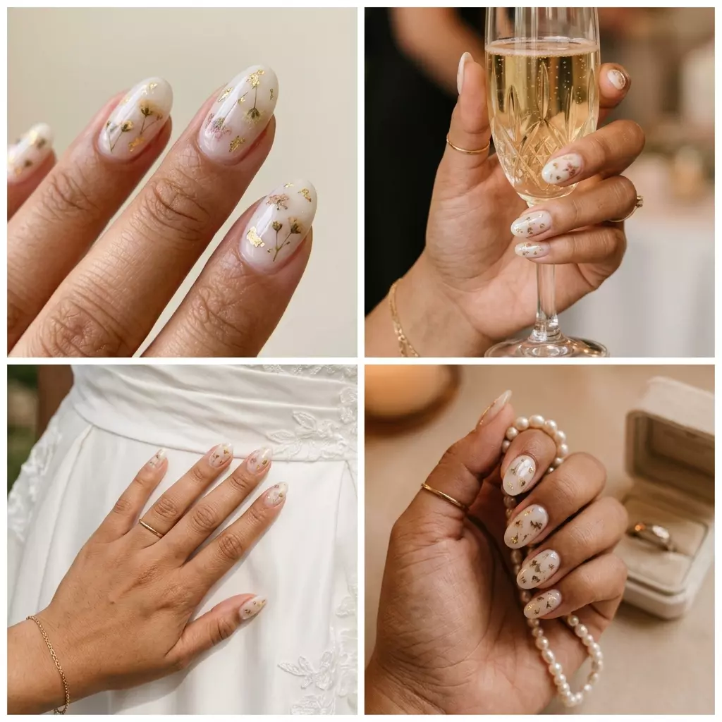 Floral Milk Bath Oval Acrylics 2026 Ethereal Floral Milk Bath oval acrylic nails with milky white, pastel florals, and gold foil for wedding guests. Summer acrylic oval nails 2026.