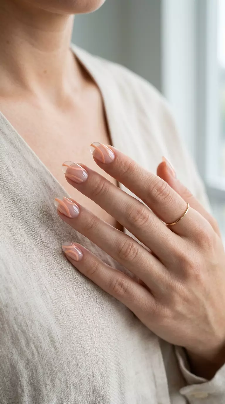 Minimalist Peach Lines Nails 2026 Minimalist Peach Lines Acrylic: Chic summer acrylic oval nails 2026 for daily wear.