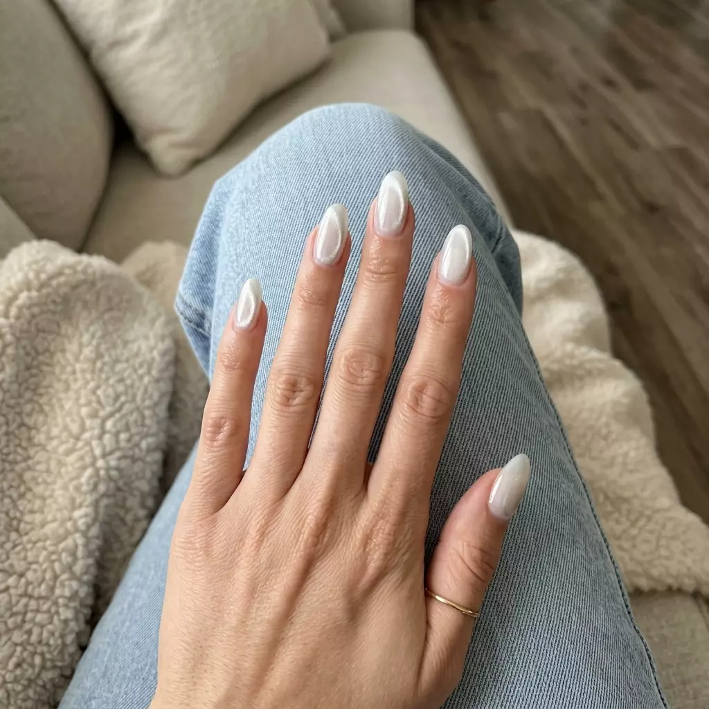 Moonstone Cat-Eye Oval Nails 2026 Mysterious Moonstone Cat-Eye oval acrylic nails with sheer white and silver shift for evening events. Summer acrylic oval nails 2026.
