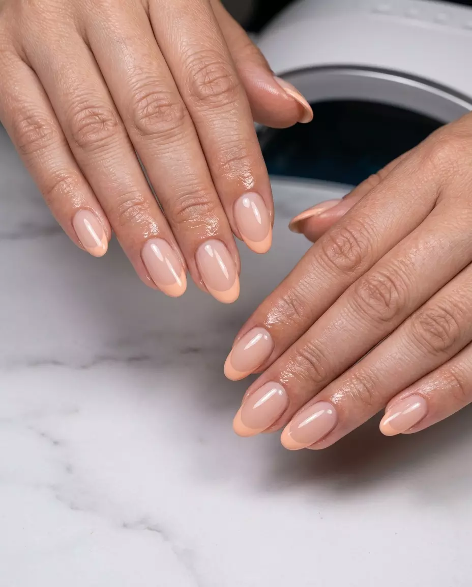 Peachy Smile Line Oval Acrylics 2026: Clean Girl Style Peachy Smile Line Oval Acrylics: clean girl aesthetic with sheer nude base and soft peach fuzz tip for 2026.