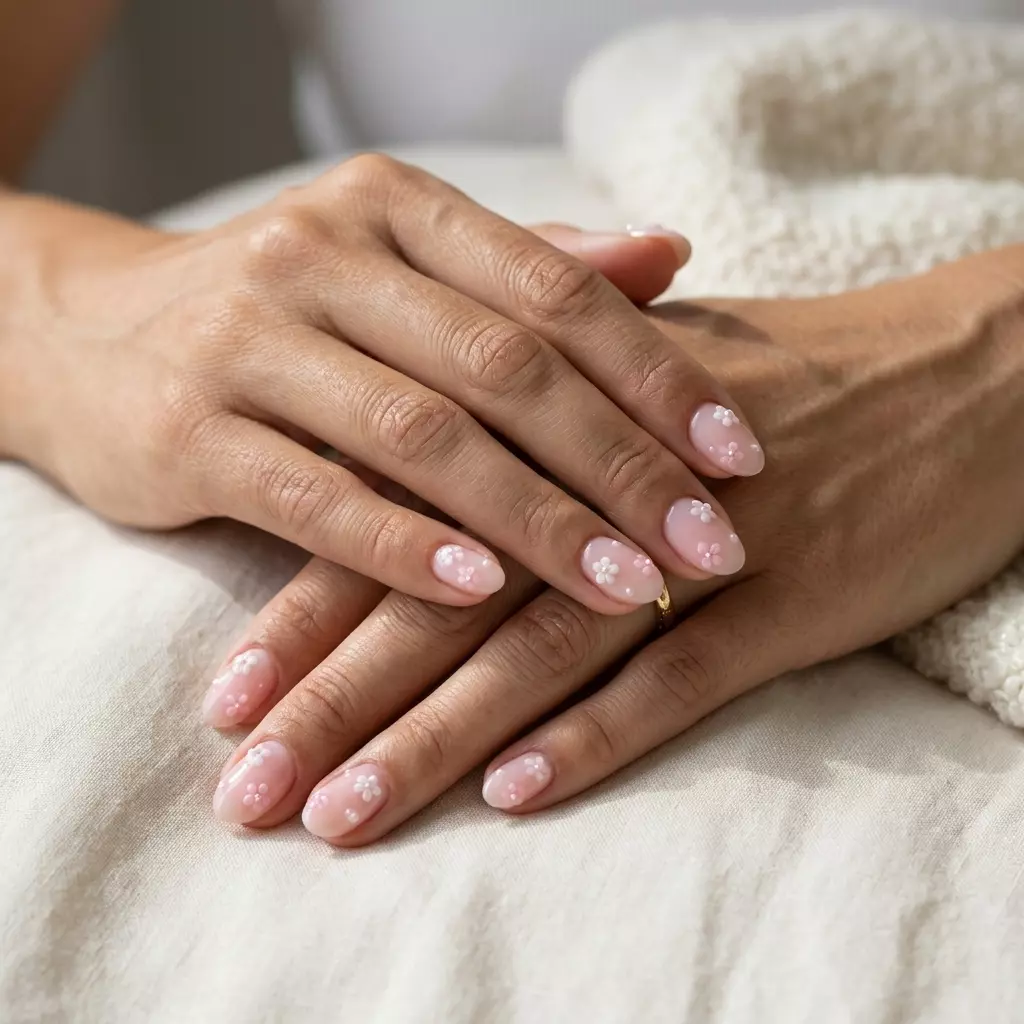 Sheer Pink Floral Milk Bath Oval Nails 2026: Romantic Style Sheer Pink Floral Milk Bath Oval nails: romantic, ethereal look with 3D floral charms and micro-pearls for 2026.