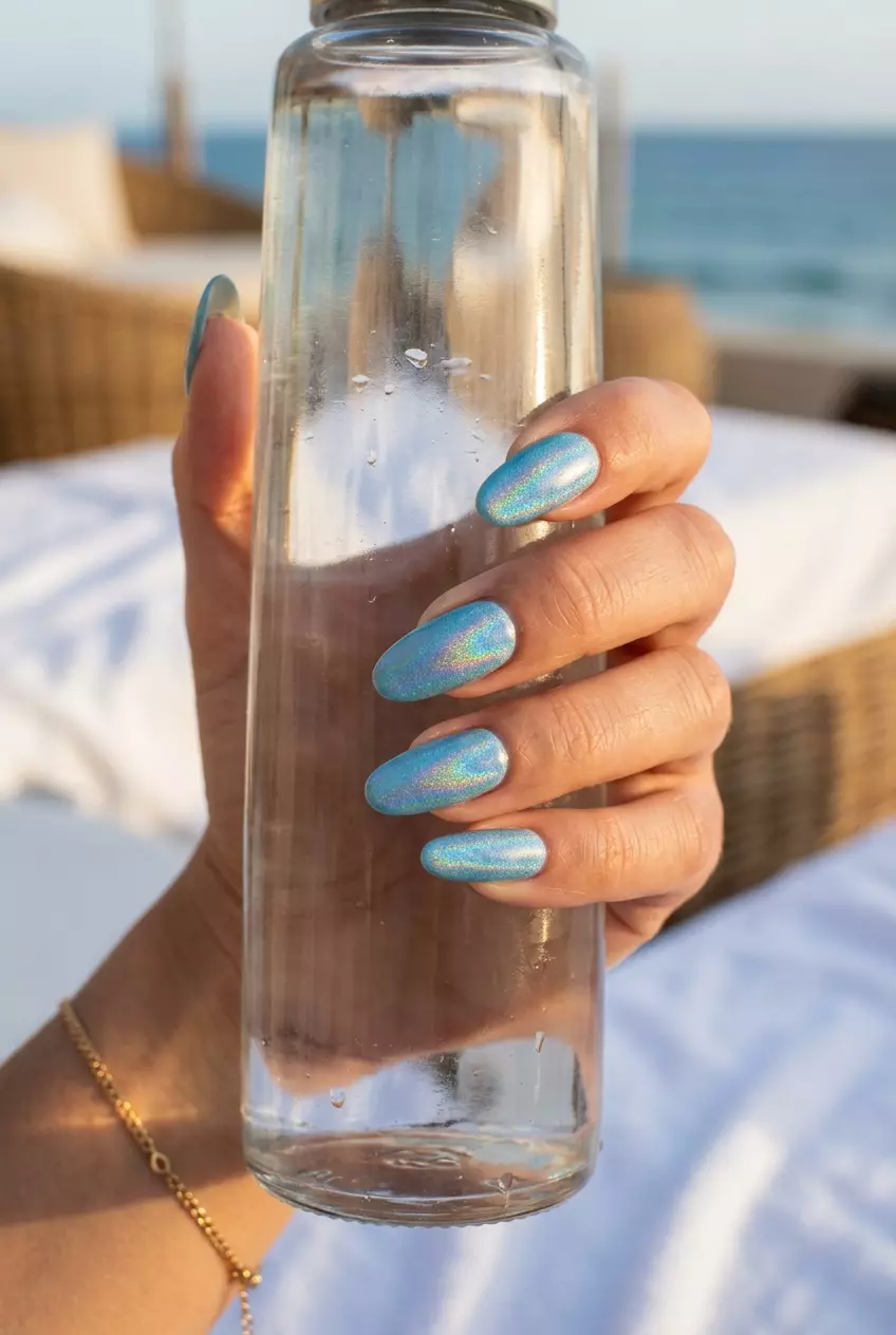 Prismatic Sky Holographic Nails 2026 Prismatic Sky Holographic Oval Acrylics: Dazzling summer acrylic oval nails 2026 for festivals.