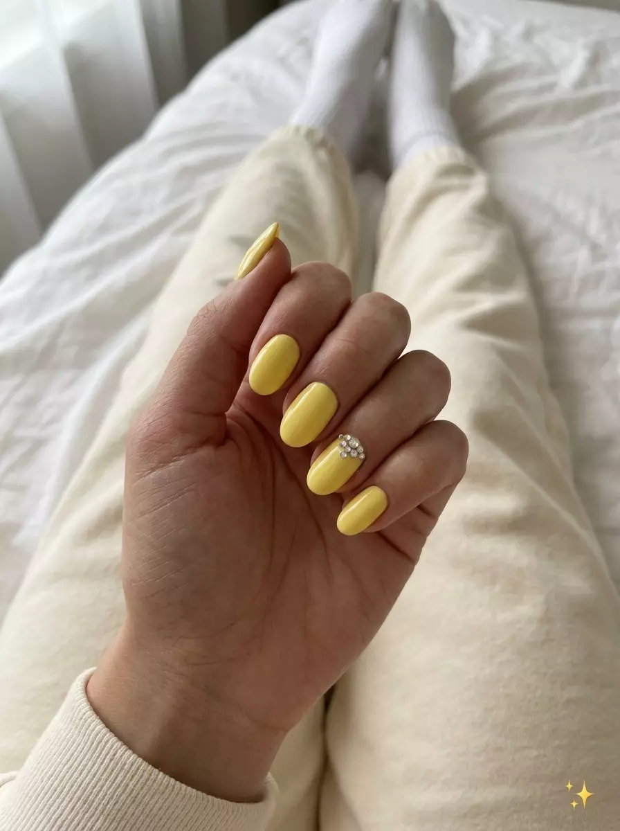 Sparkling Buttercup Oval Nails 2026 Sparkling Buttercup Oval: Joyful summer acrylic oval nails 2026 for festivals.