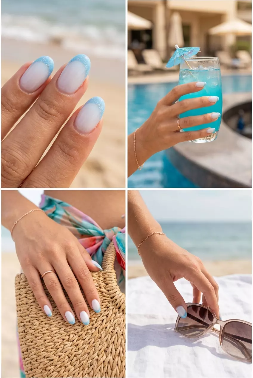 Starlight Blue French Oval Nails 2026 Whimsical Starlight Blue French oval acrylic nails with holographic glitter for festivals and summer evenings. Summer acrylic oval nails 2026.