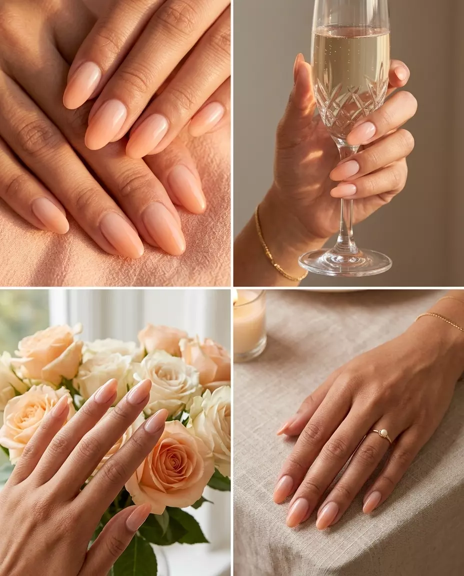 Sunset Glow Oval Ombre Nails 2026 Sunset Glow Oval Ombre: Sheer nude to soft peach fuzz summer acrylic oval nails 2026 for weddings.