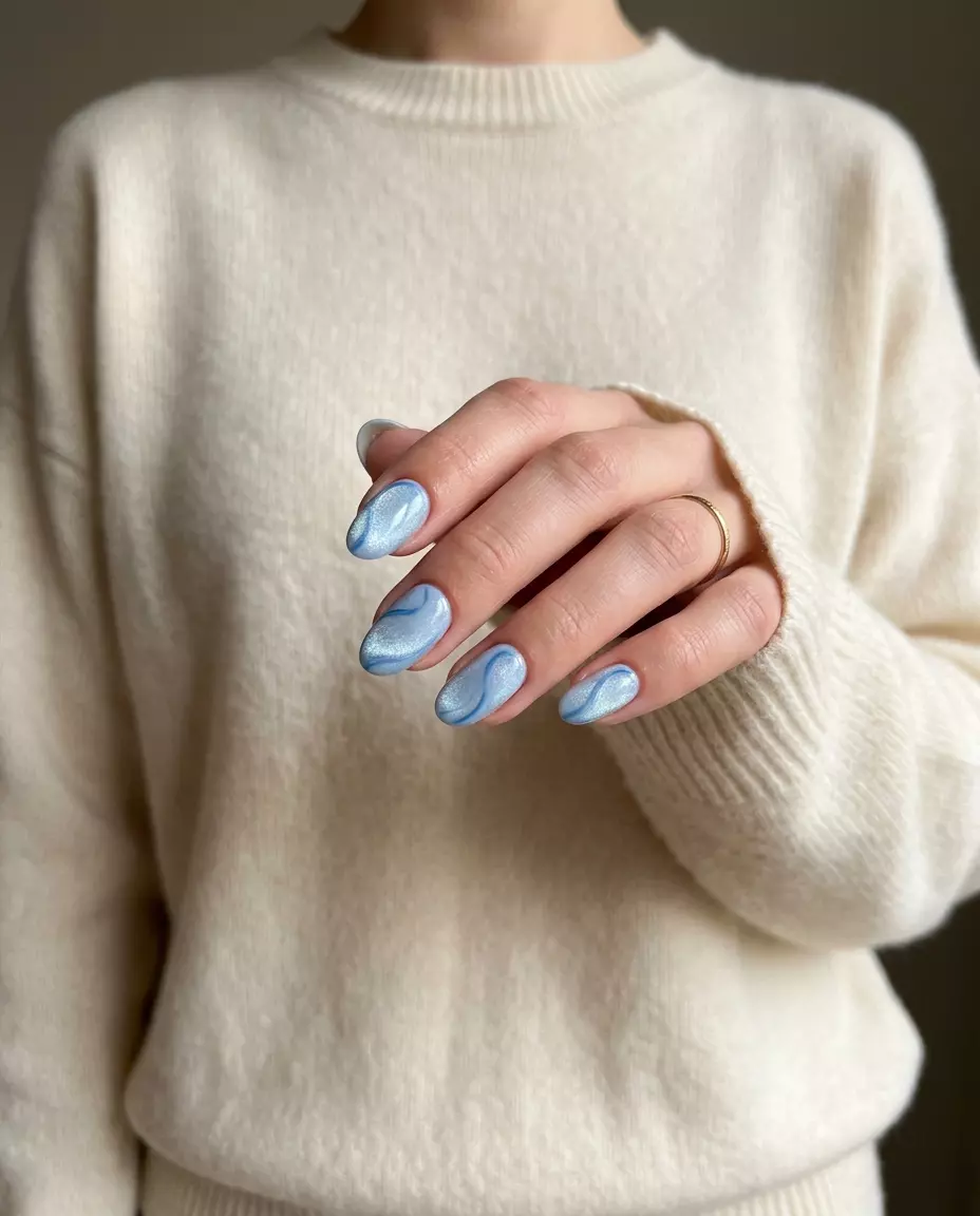 Velvet Sky Swirl Acrylic Nails 2026: Evening Out Chic Velvet Sky Swirl Acrylic nails: light blue velvet finish with subtle darker blue swirls. Chic for parties and art gallery visits.