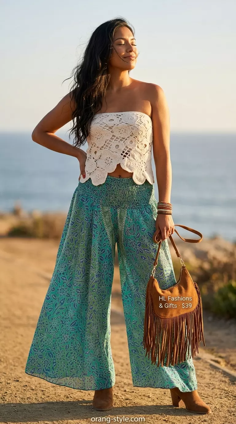 Boho festival outfit with crochet bandeau top and printed palazzo pants. Summer bandeau top outfits for women 2026.