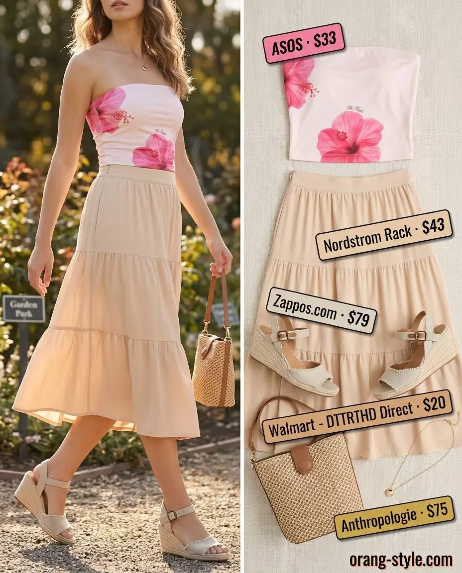 Pastel pink floral bandeau top with midi skirt. Summer bandeau top outfits for women 2026.