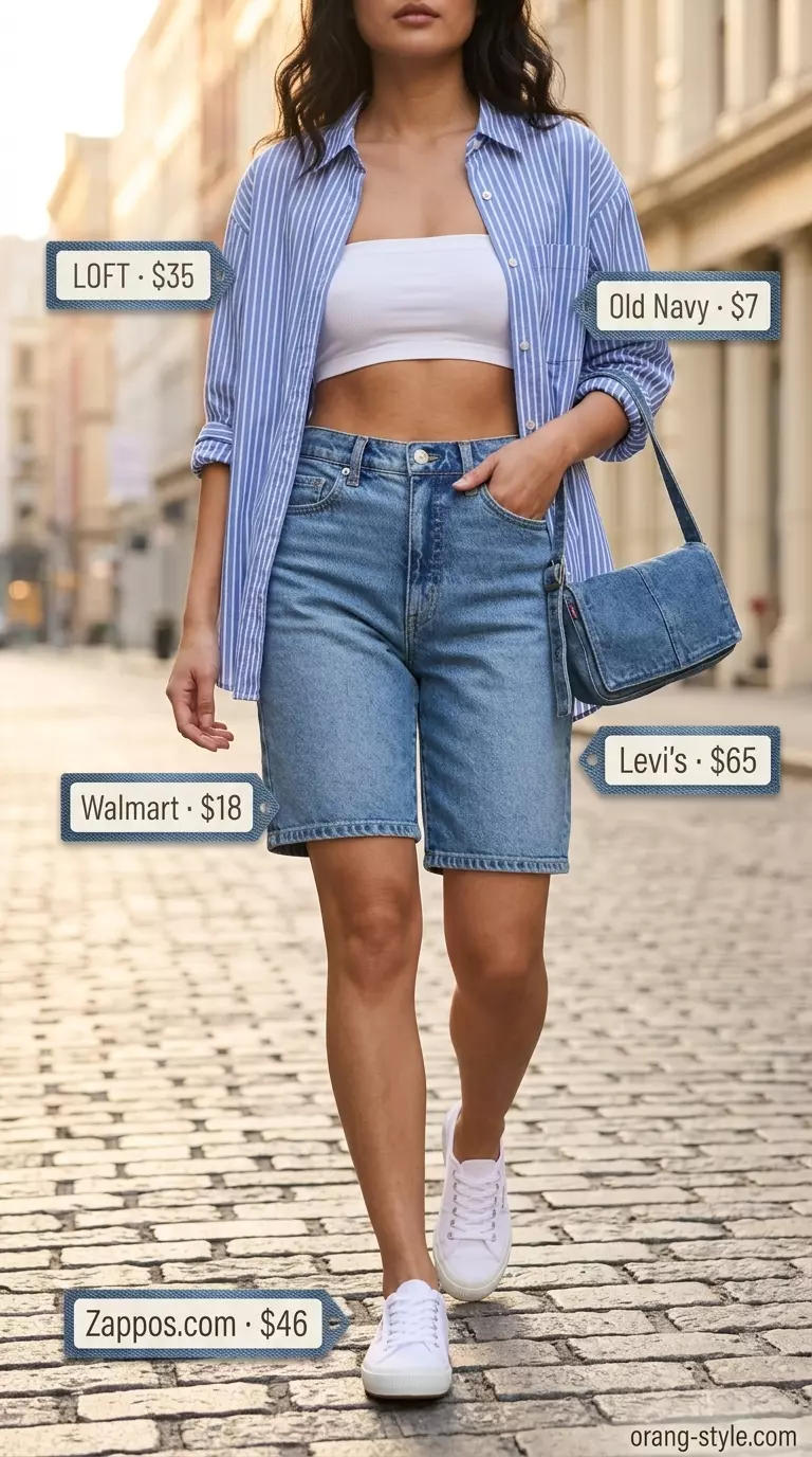 Casual outfit with white bandeau top, denim shorts, and oversized shirt. Summer bandeau top outfits for women 2026.