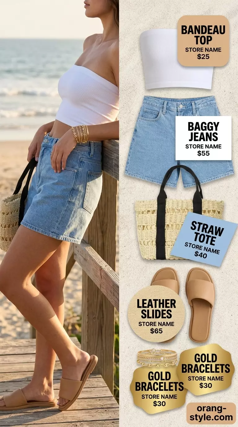 Coastal outfit with cream bandeau top and denim shorts. Summer bandeau top outfits for women 2026.