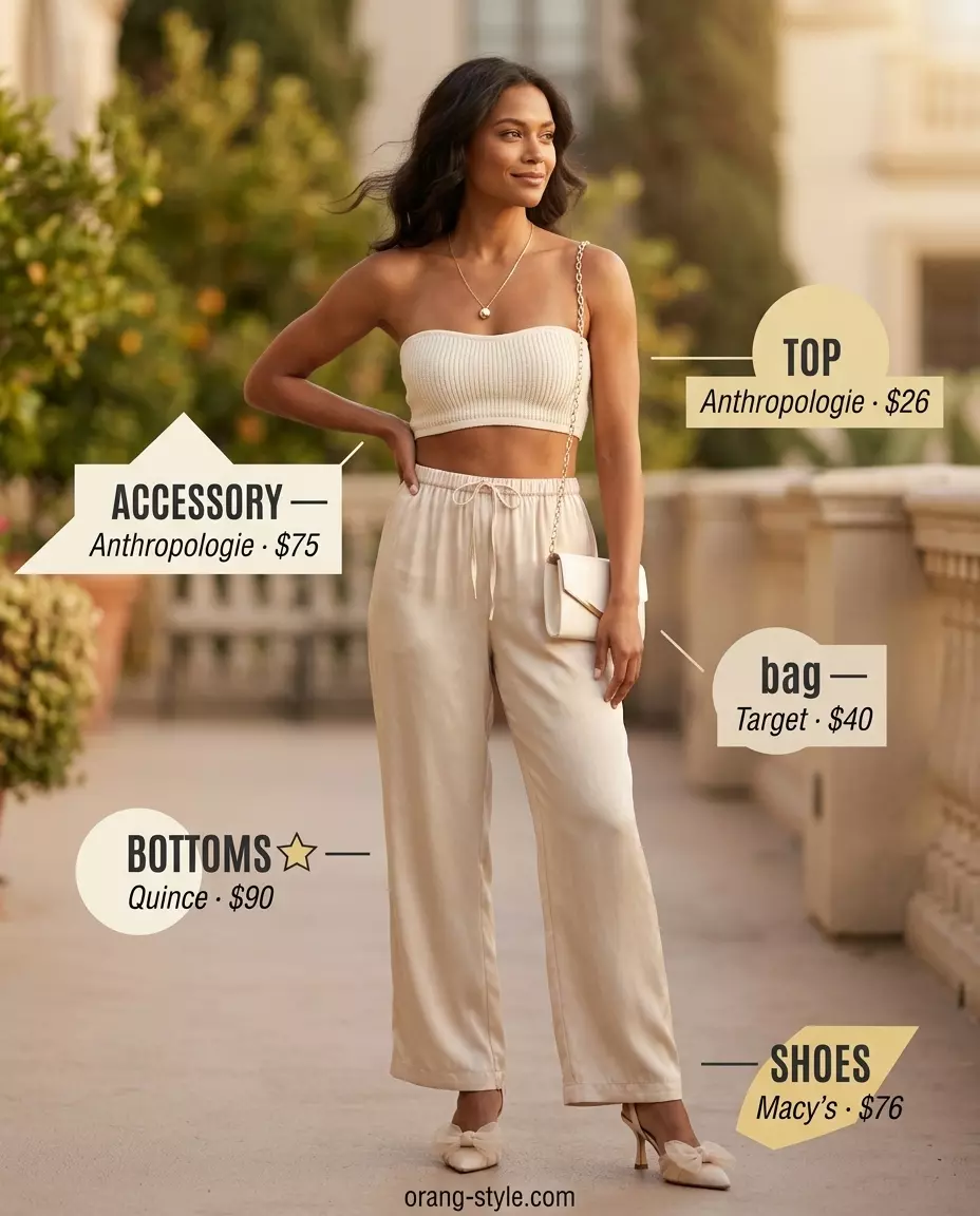 Minimalist evening outfit with silk pants and nude bandeau top. Summer bandeau top outfits for women 2026.