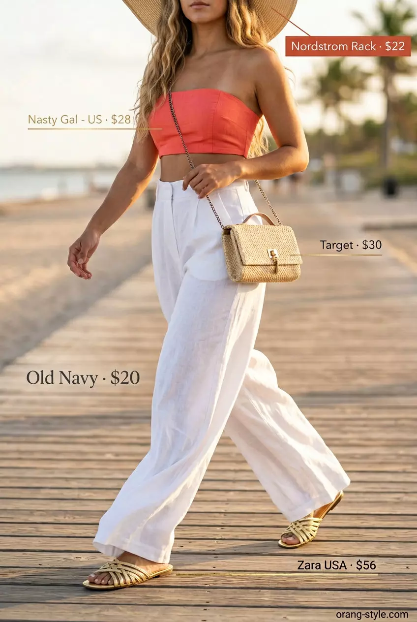 Resort wear outfit with coral bandeau top and linen pants. Summer bandeau top outfits for women 2026.