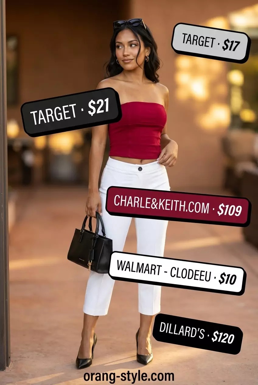 Retro glam outfit with red bandeau top and white capri pants. Summer bandeau top outfits for women 2026.
