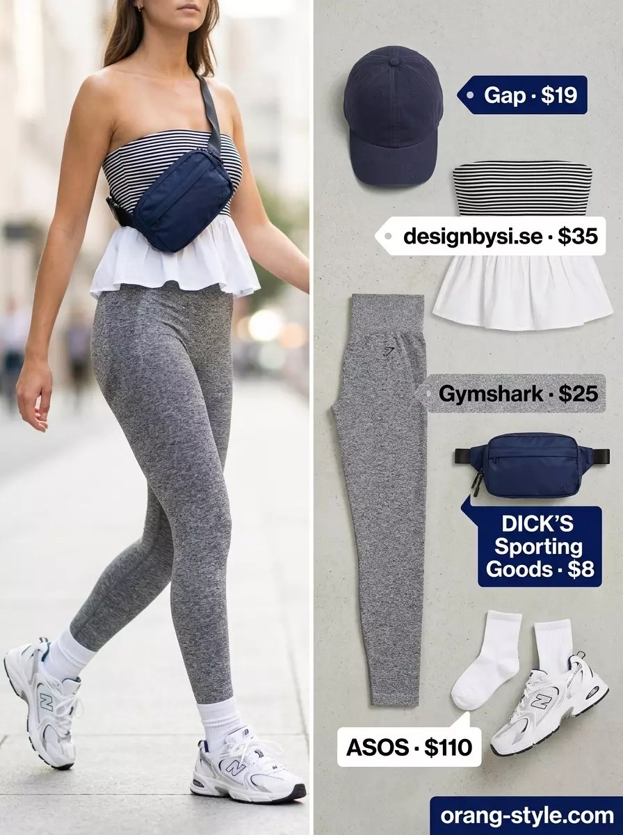 Sporty athleisure outfit with striped bandeau top and leggings. Summer bandeau top outfits for women 2026.