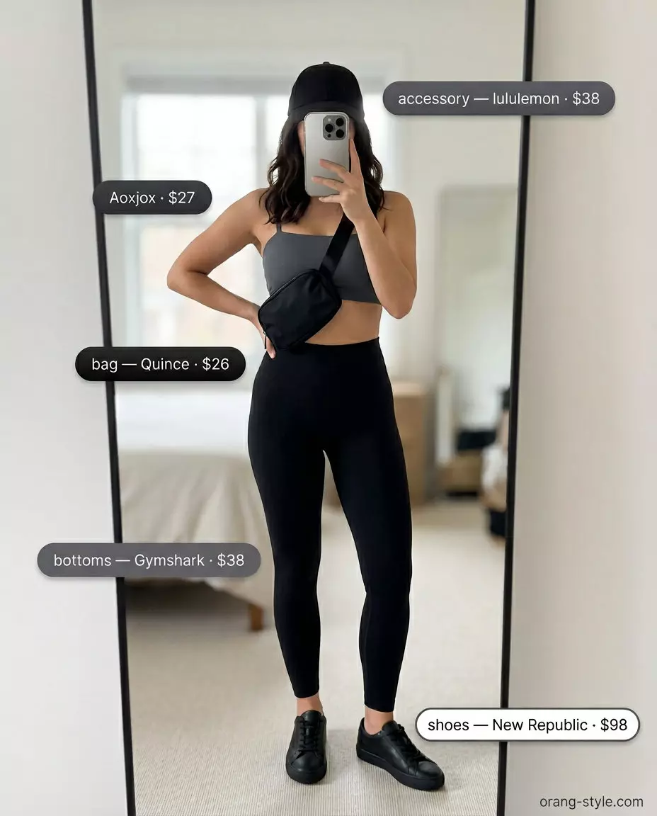 Athleisure bandeau outfit for women 2026: Charcoal grey bandeau top, black leggings, white sneakers, and belt bag.