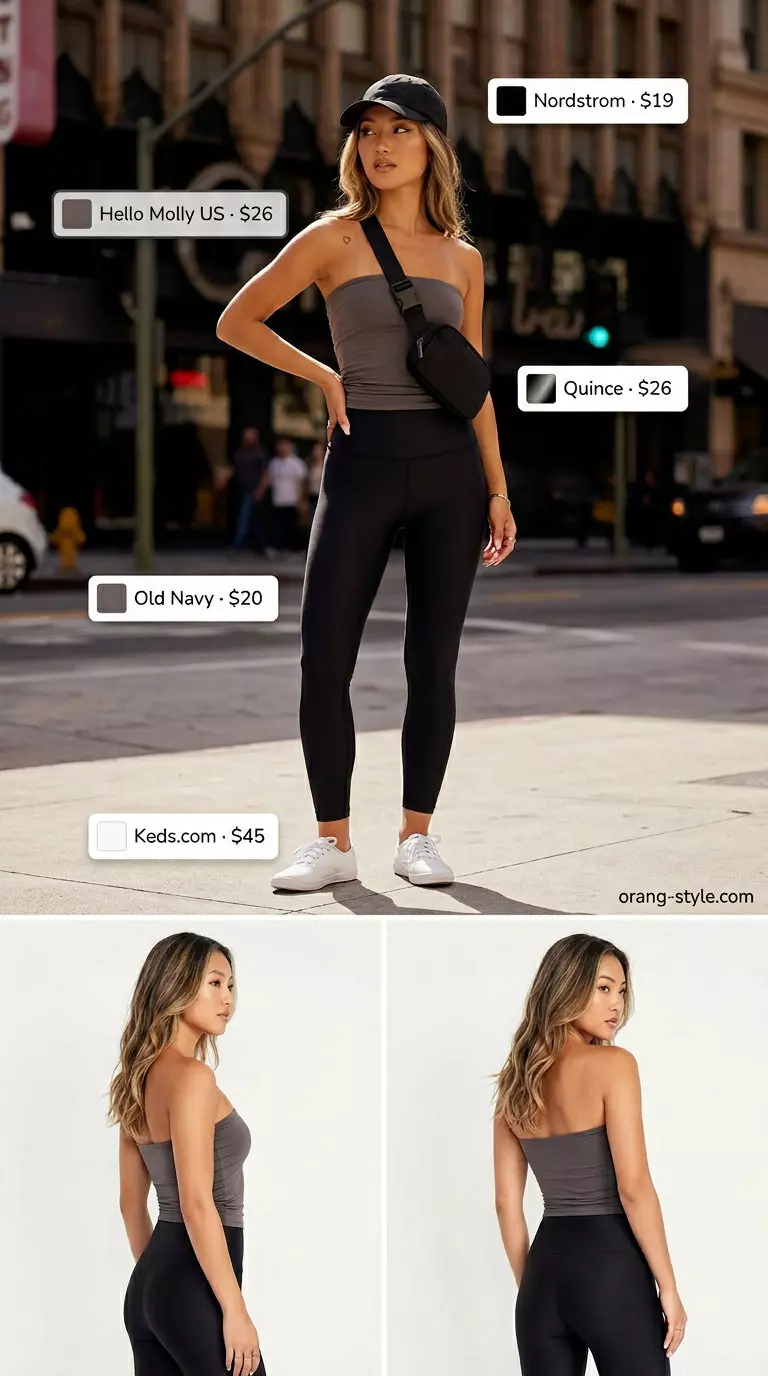 Sporty charcoal grey bandeau top with black leggings and sneakers for athleisure style in summer 2026.