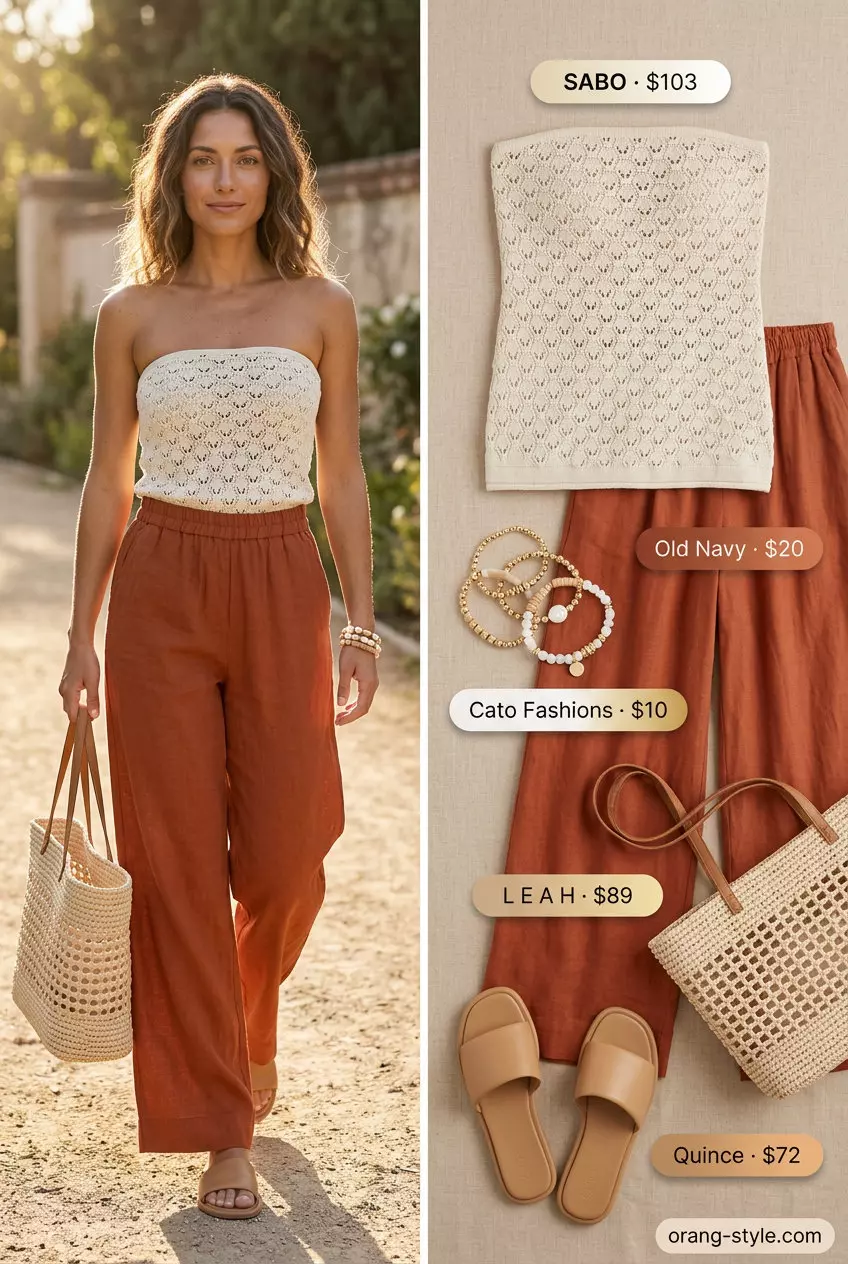 Boho cream crochet bandeau top with terracotta wide-leg pants and straw tote for a relaxed beach day.