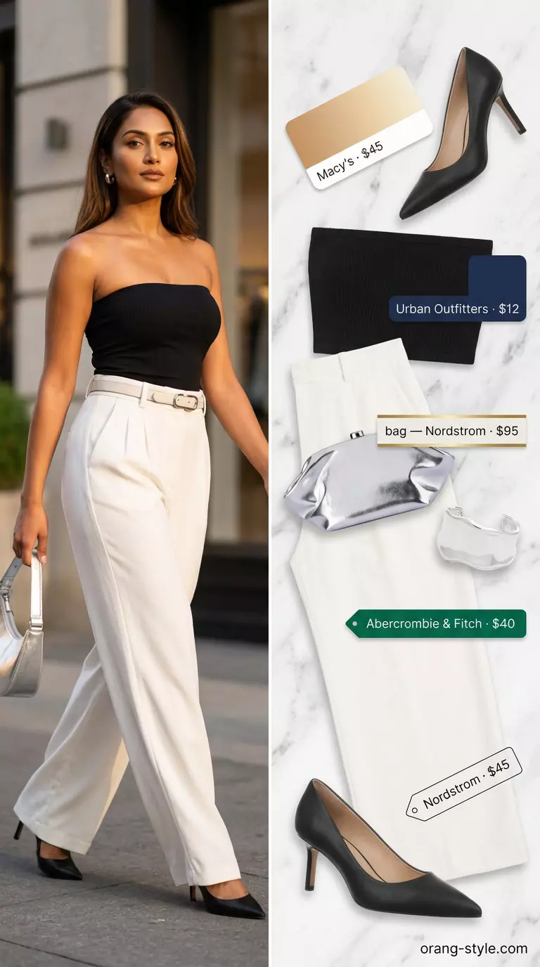 Chic black bandeau top outfit with white wide-leg pants, silver accessories for a sophisticated summer evening out.