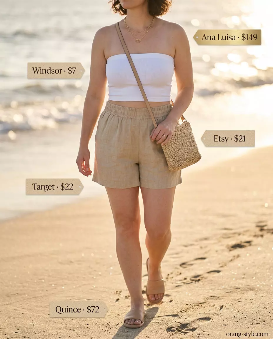 Coastal bandeau outfit for women 2026: White bandeau top, beige linen shorts, leather slides, and straw bag.