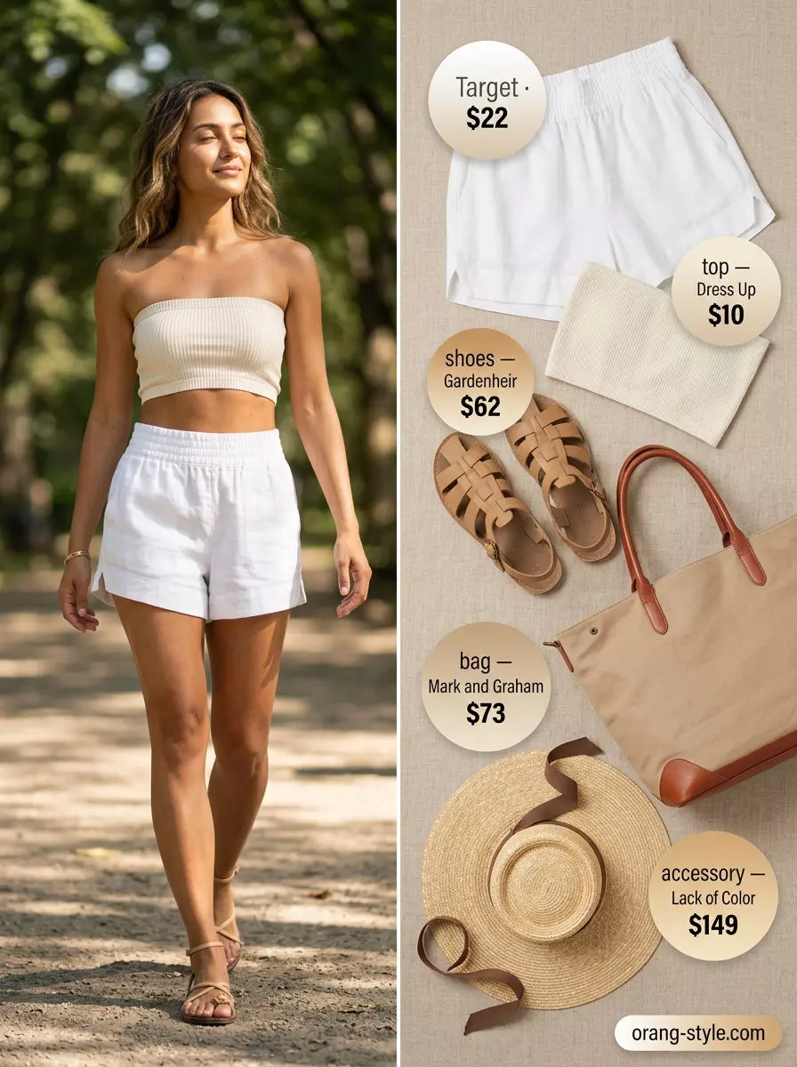 Relaxed beige bandeau top with linen shorts and a straw hat for coastal grandmother casual style.