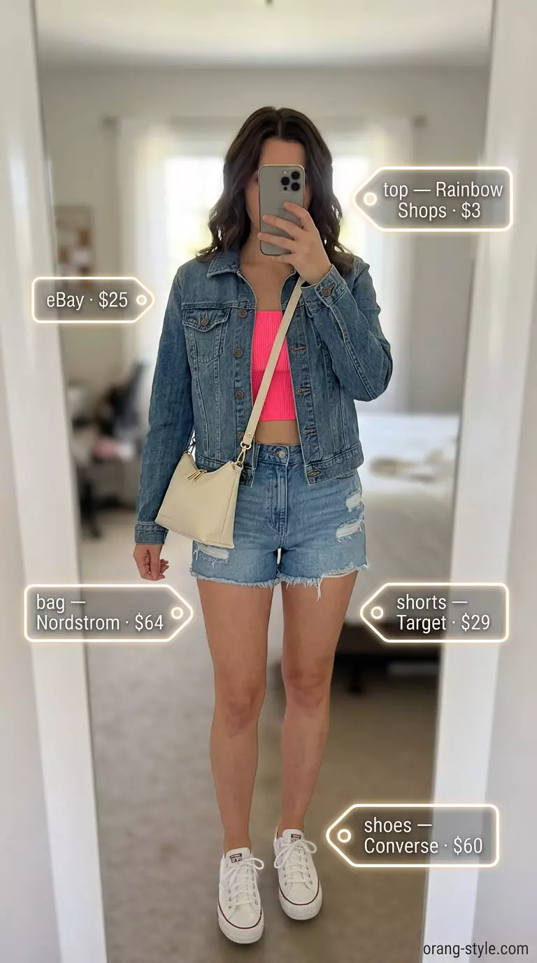 Y2K bandeau outfit for women 2026: Hot pink bandeau top, denim shorts, denim jacket, and white sneakers.