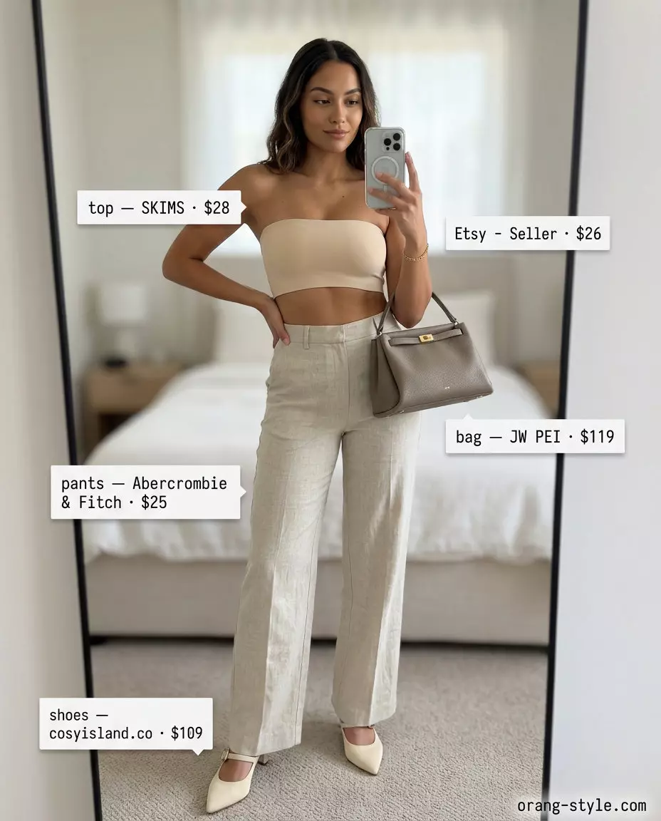 Monochrome bandeau outfit for women 2026: Nude bandeau top, beige linen trousers, and cream mules.