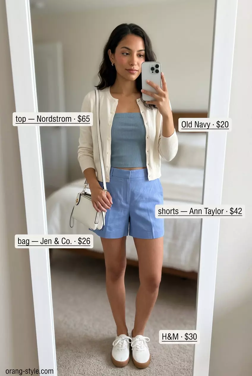 Pastel bandeau outfit for women 2026: Pale blue bandeau top, cream cardigan, pale blue shorts, and white sneakers.