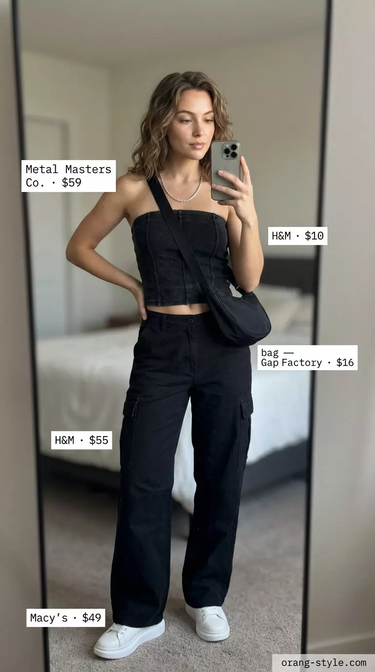 Street style bandeau outfit for women 2026: Black ribbed bandeau top, cargo pants, silver chain, and chunky sneakers.