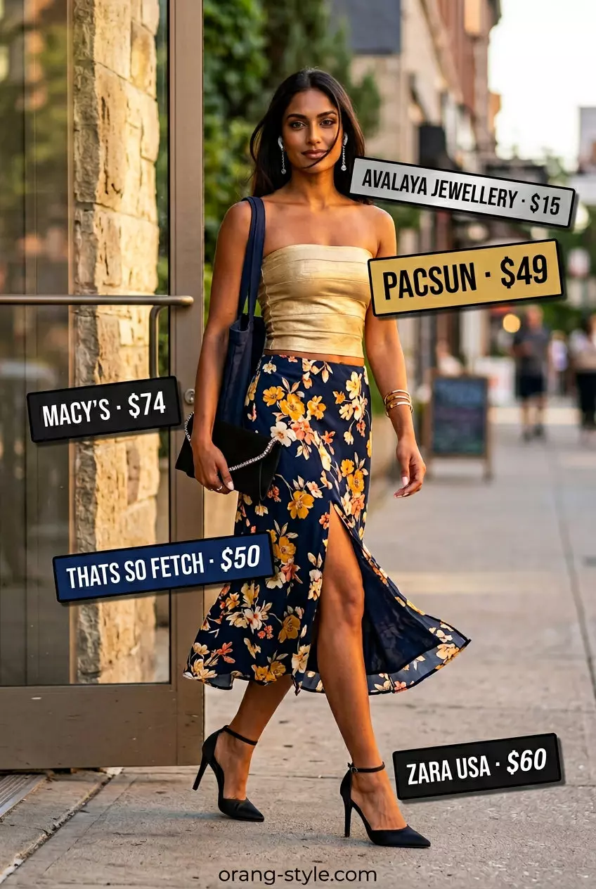 Glamorous gold bandeau top with navy maxi skirt and crystal earrings for a summer party or dinner cruise.
