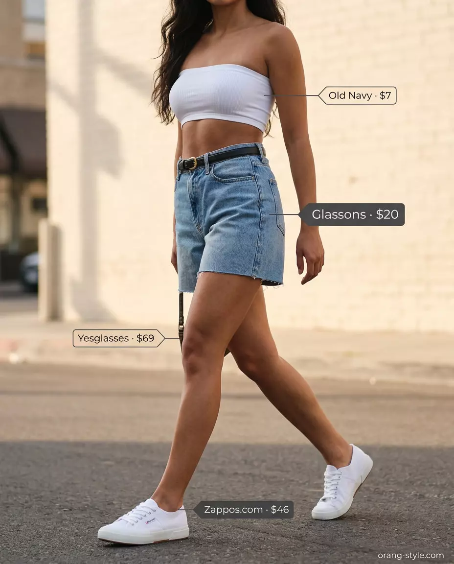 Casual white bandeau top with denim shorts and sunglasses for a weekend getaway outfit.