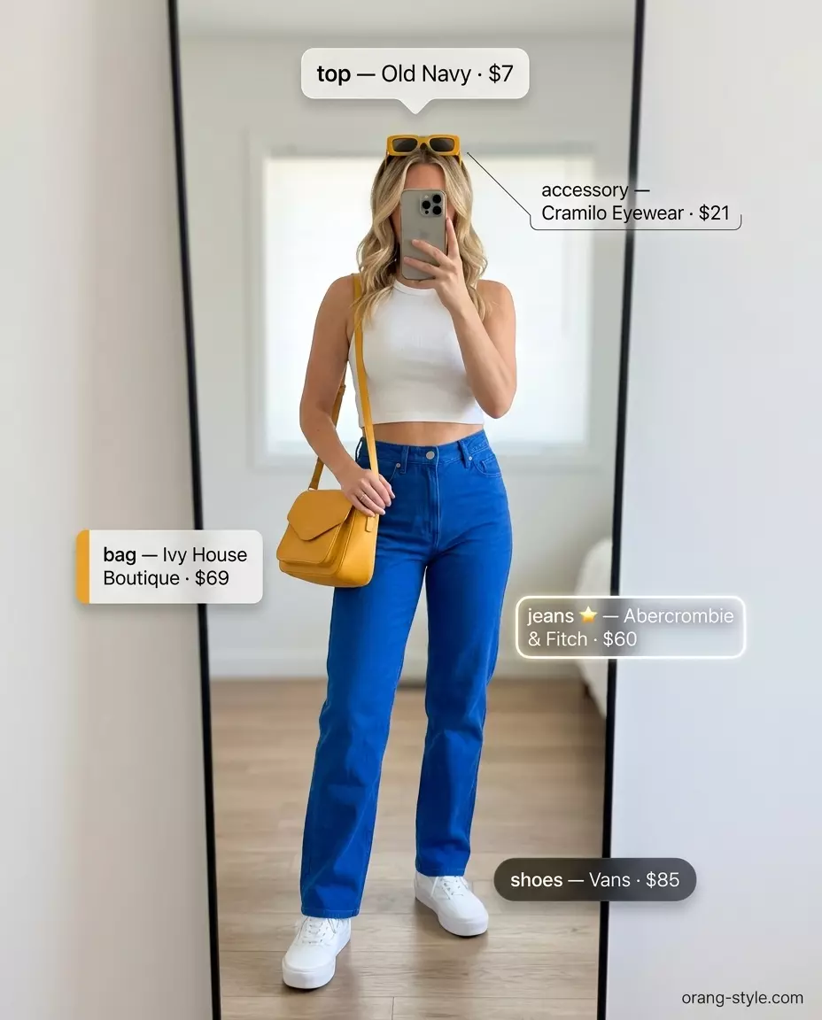 Bold cobalt blue barrel leg jeans outfit for women 2026 with yellow sunglasses and white sneakers.