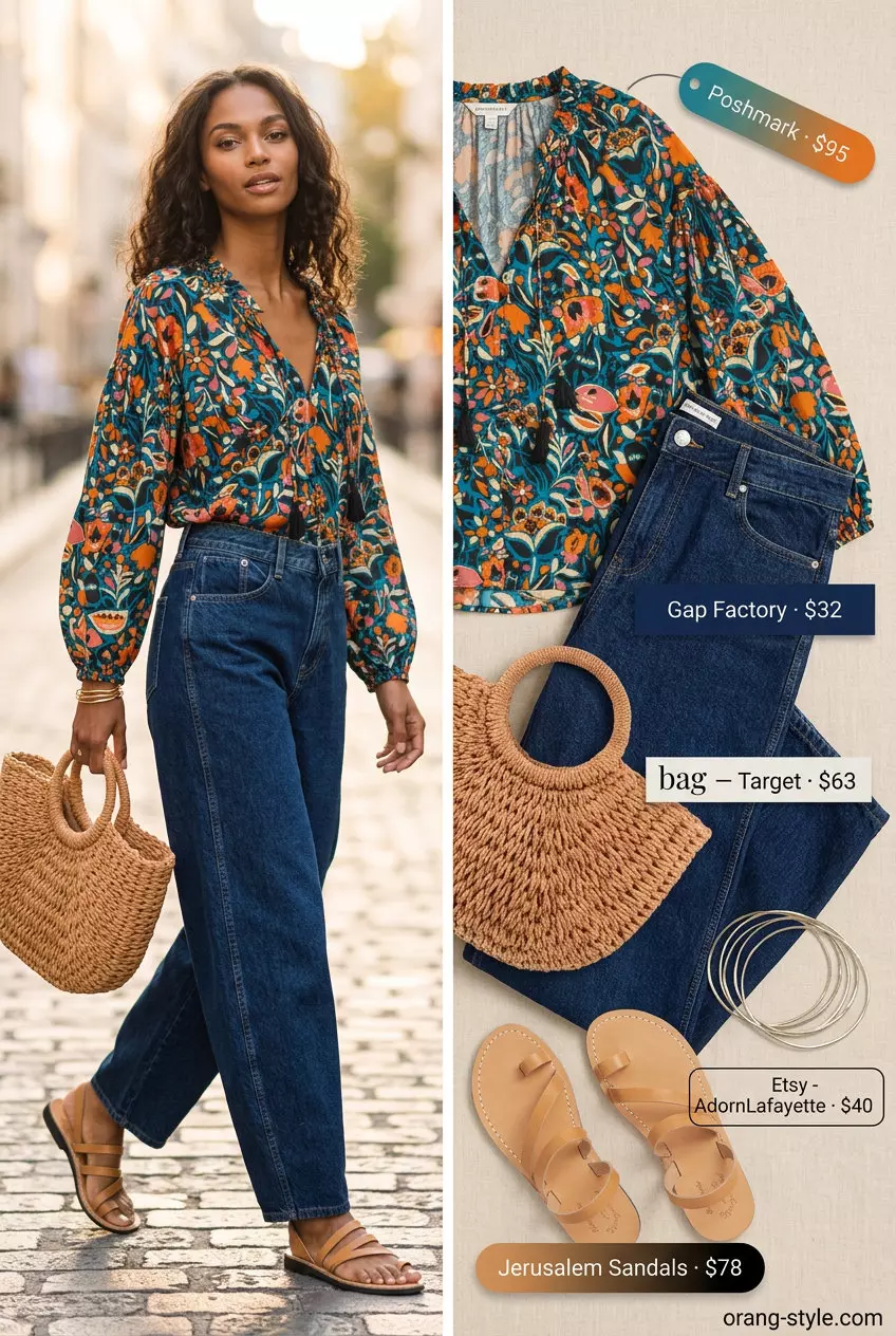 Artistic multi-color print blouse with blue barrel leg jeans for women 2026 summer events.