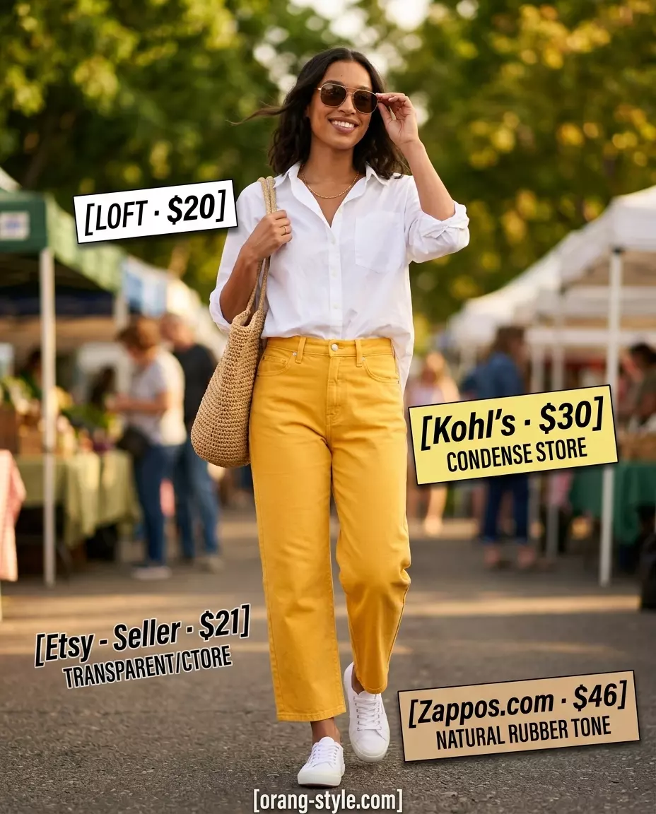 Bright yellow barrel leg jeans outfit for women 2026 with oversized white shirt and sneakers.