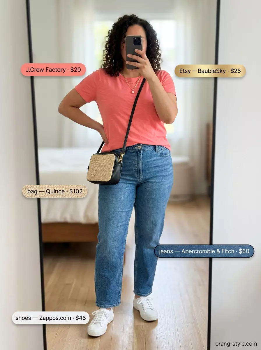 Summer barrel leg jeans outfits for women 2026: Mid-wash jeans with coral tee, layered necklaces, and canvas sneakers for weekend brunch.