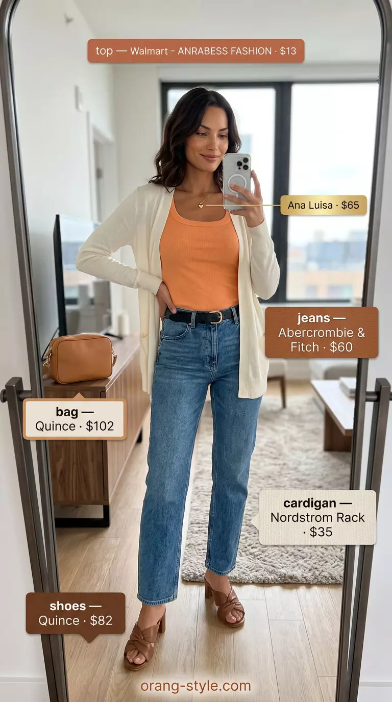Chic terracotta knit top with blue barrel leg jeans for women 2026 city explorer outfits.