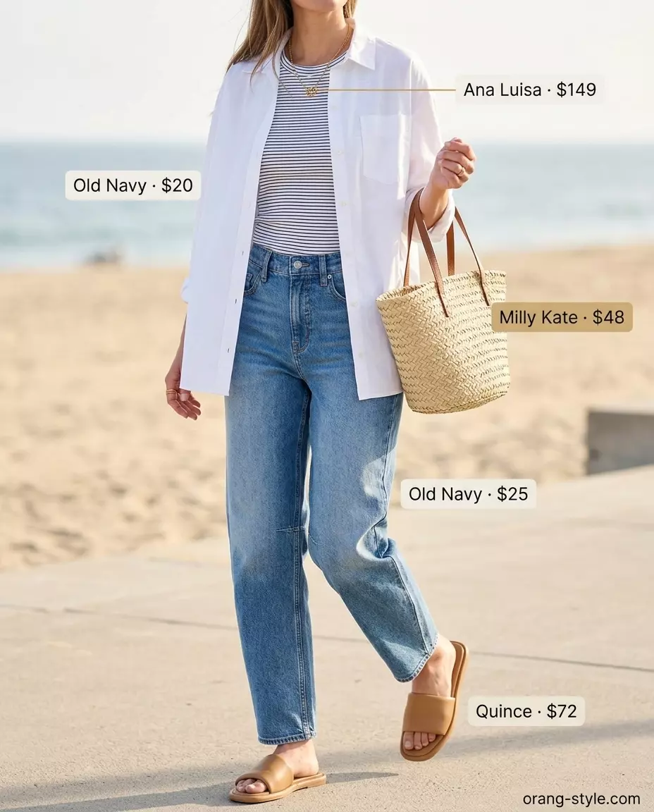 Summer barrel leg jeans outfits for women 2026: Light wash jeans with oversized white shirt, tan sandals, and straw tote.