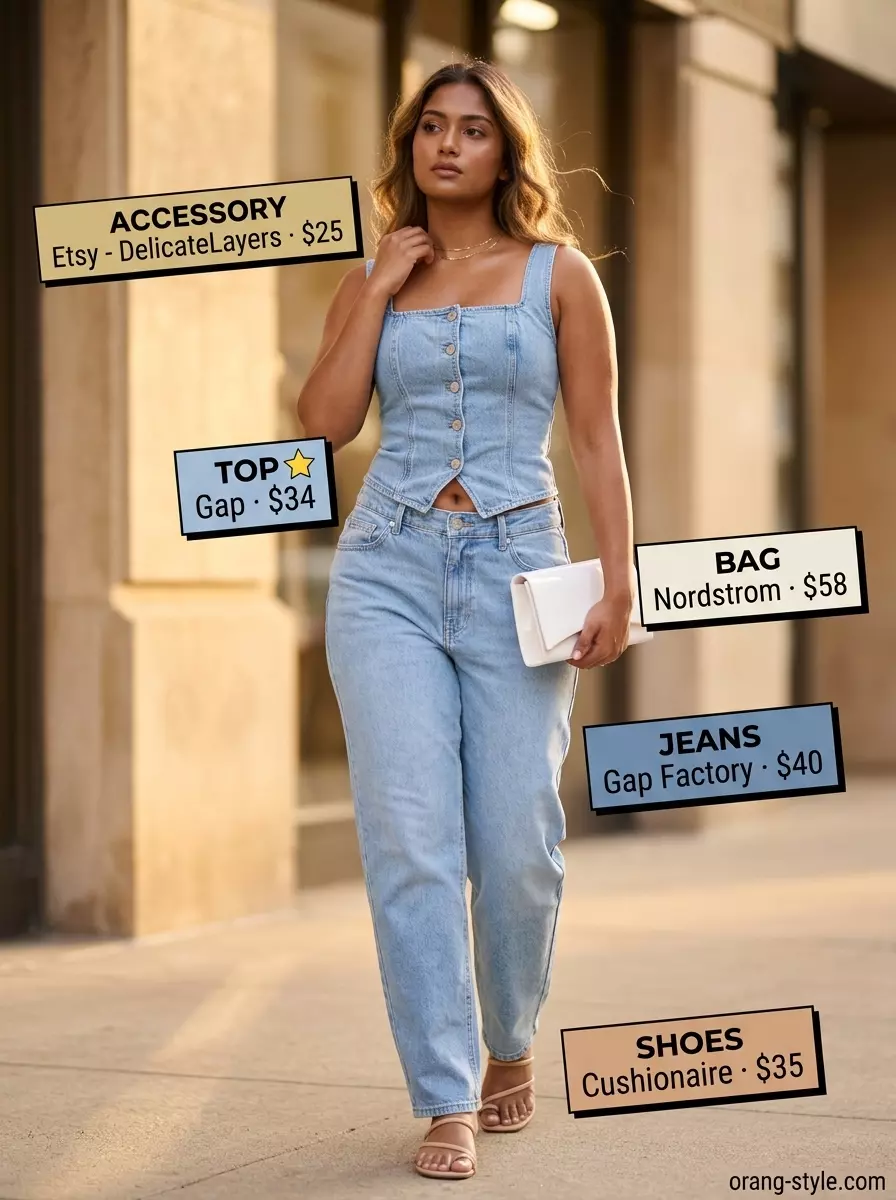 Summer barrel leg jeans outfits for women 2026: Denim on denim with a corset top, strappy flats, and a clutch.
