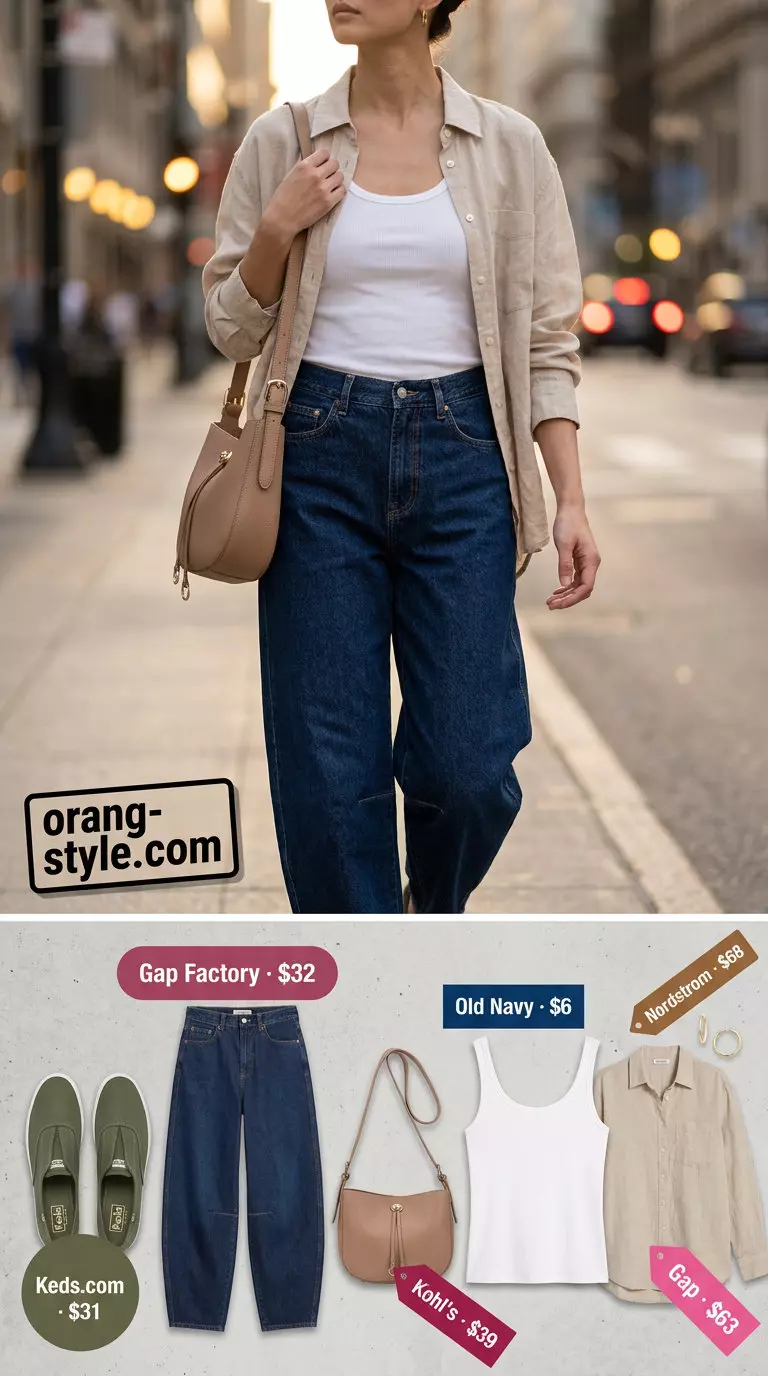 Summer barrel leg jeans outfits for women 2026: Relaxed denim jeans with linen shirt, crossbody bag, and sneakers for casual day out.