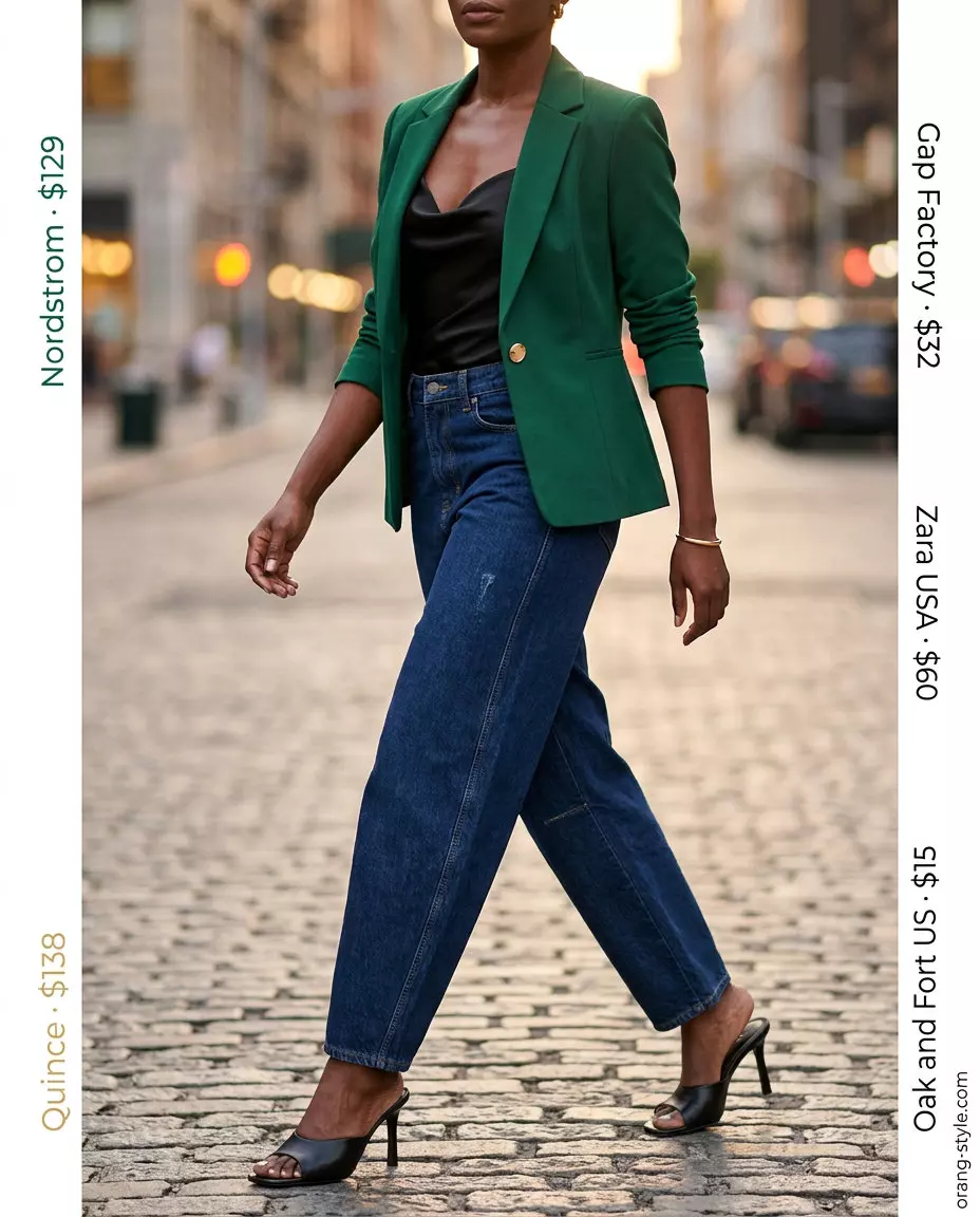 Summer barrel leg jeans outfits for women 2026: Dark wash jeans with emerald blazer, satin cami, heeled mules, and shoulder bag.
