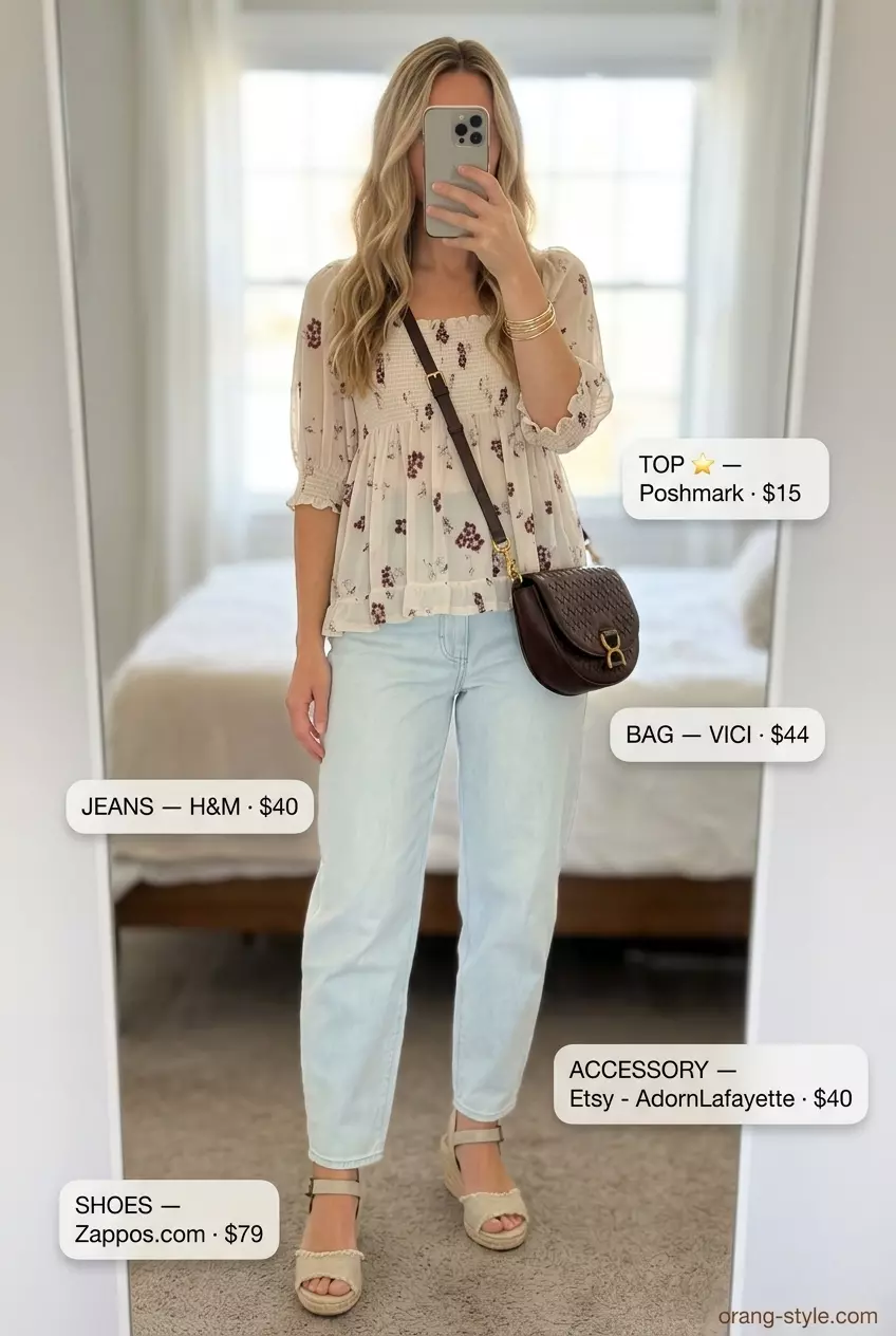 Summer barrel leg jeans outfits for women 2026: Pastel blue jeans with floral blouse, espadrilles for a garden party.