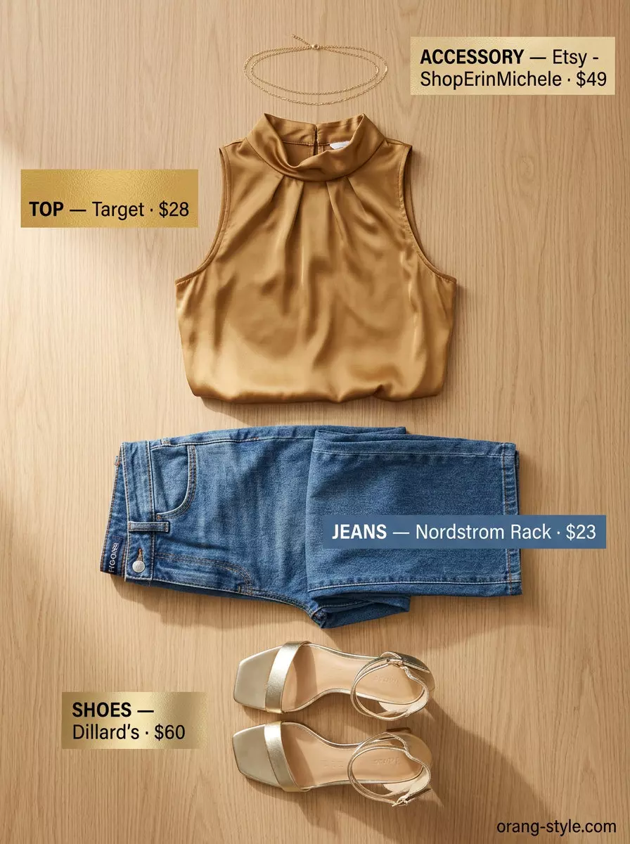 Summer barrel leg jeans outfits for women 2026: Dark wash jeans with golden ochre satin blouse and metallic heels.