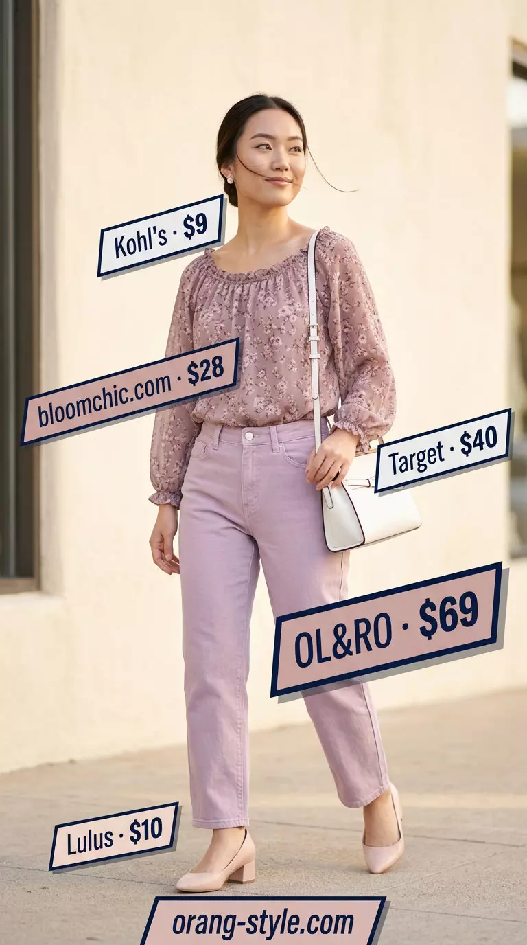 Summer barrel leg jeans outfits for women 2026: Soft lavender jeans with floral blouse, block heels, and pearl earrings.