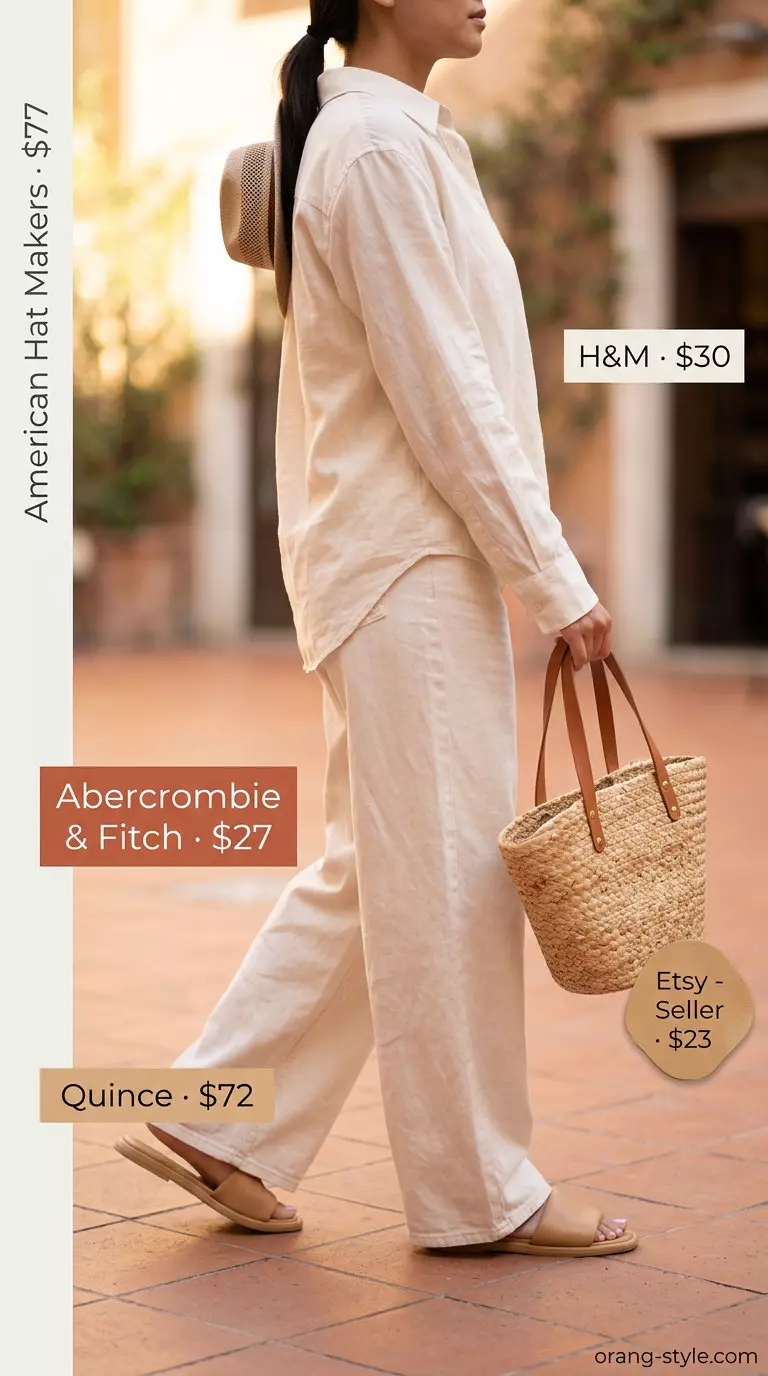 Summer barrel leg jeans outfits for women 2026: Light beige linen blend jeans with oversized cream shirt and straw tote.