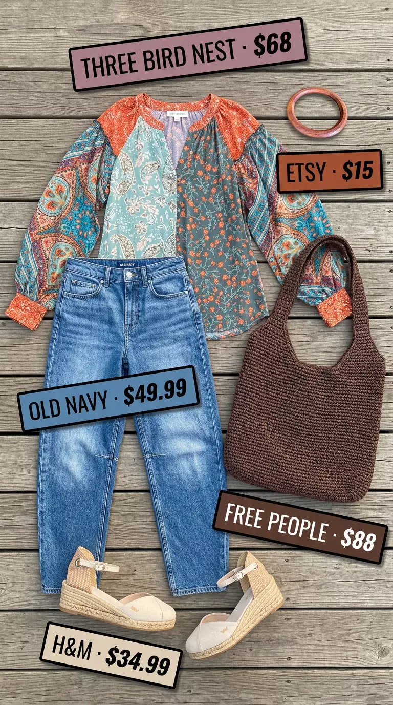 Bohemian pastel floral blouse with blue barrel leg jeans for women 2026 weekend outfits.