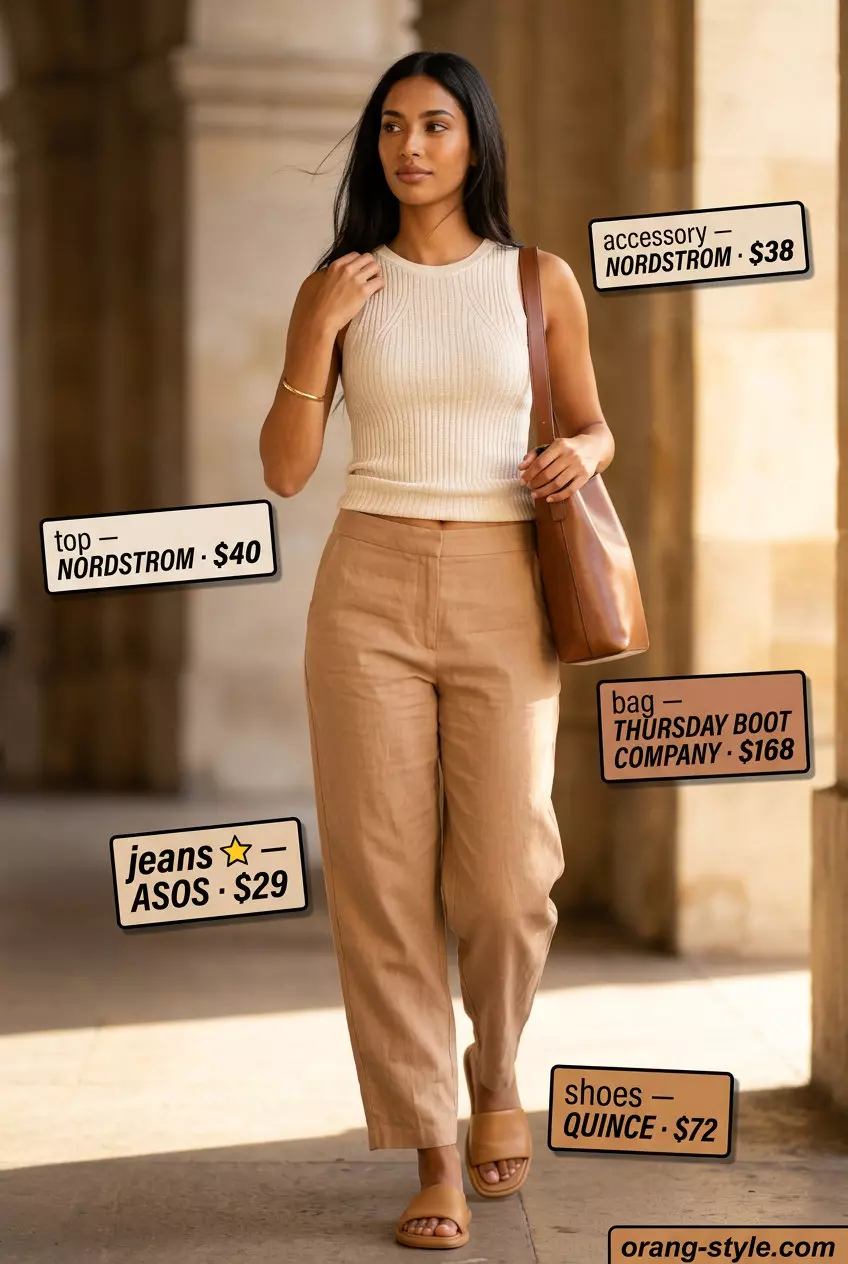 Summer barrel leg jeans outfits for women 2026: Beige jeans with cream ribbed tank, tan sandals, and bucket bag for smart casual.