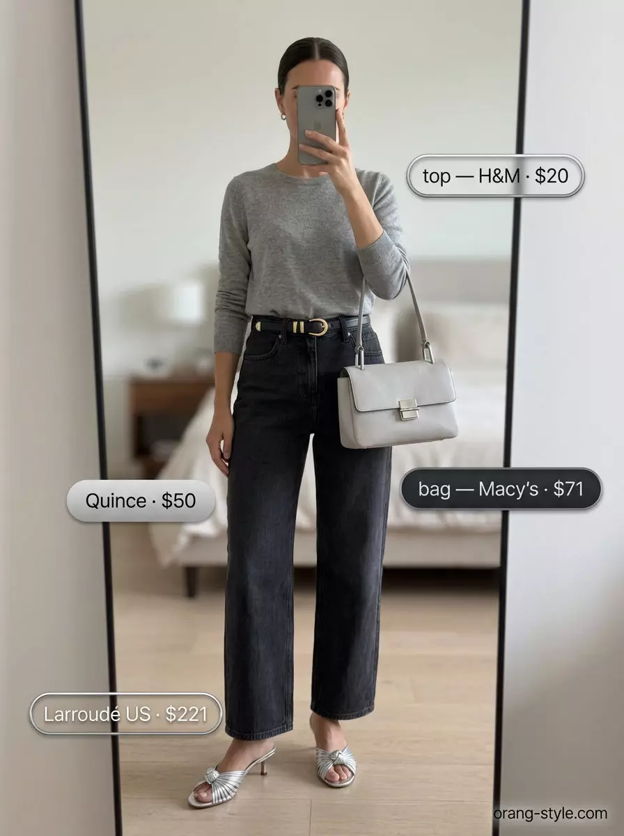 Chic charcoal grey barrel leg jeans outfit for women 2026 with silver mules and statement earrings.